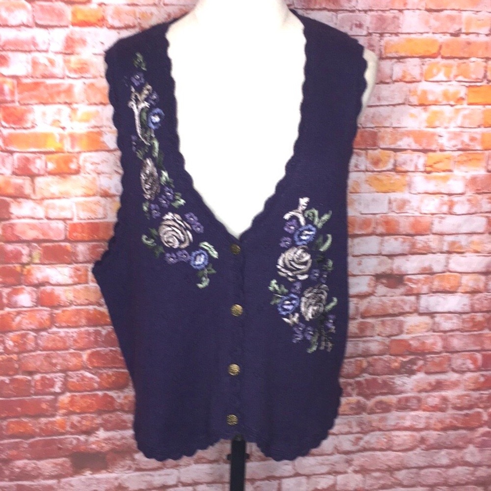 Vintage 90s Jantzen Purple Floral Hand Embroidered Crochet Sweater Vest